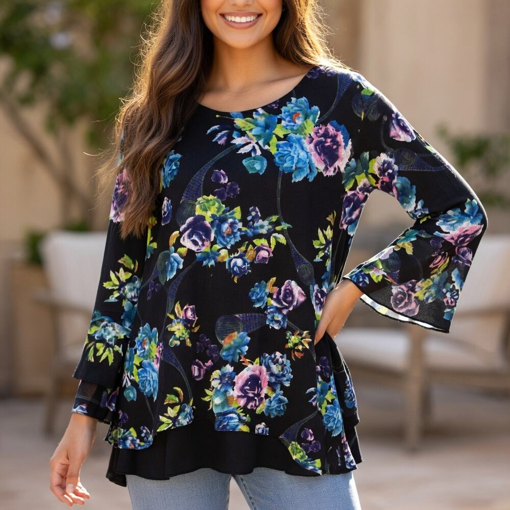 Calessa Black Floral Layer Flared Sleeve  Knit Top  *2X/3X